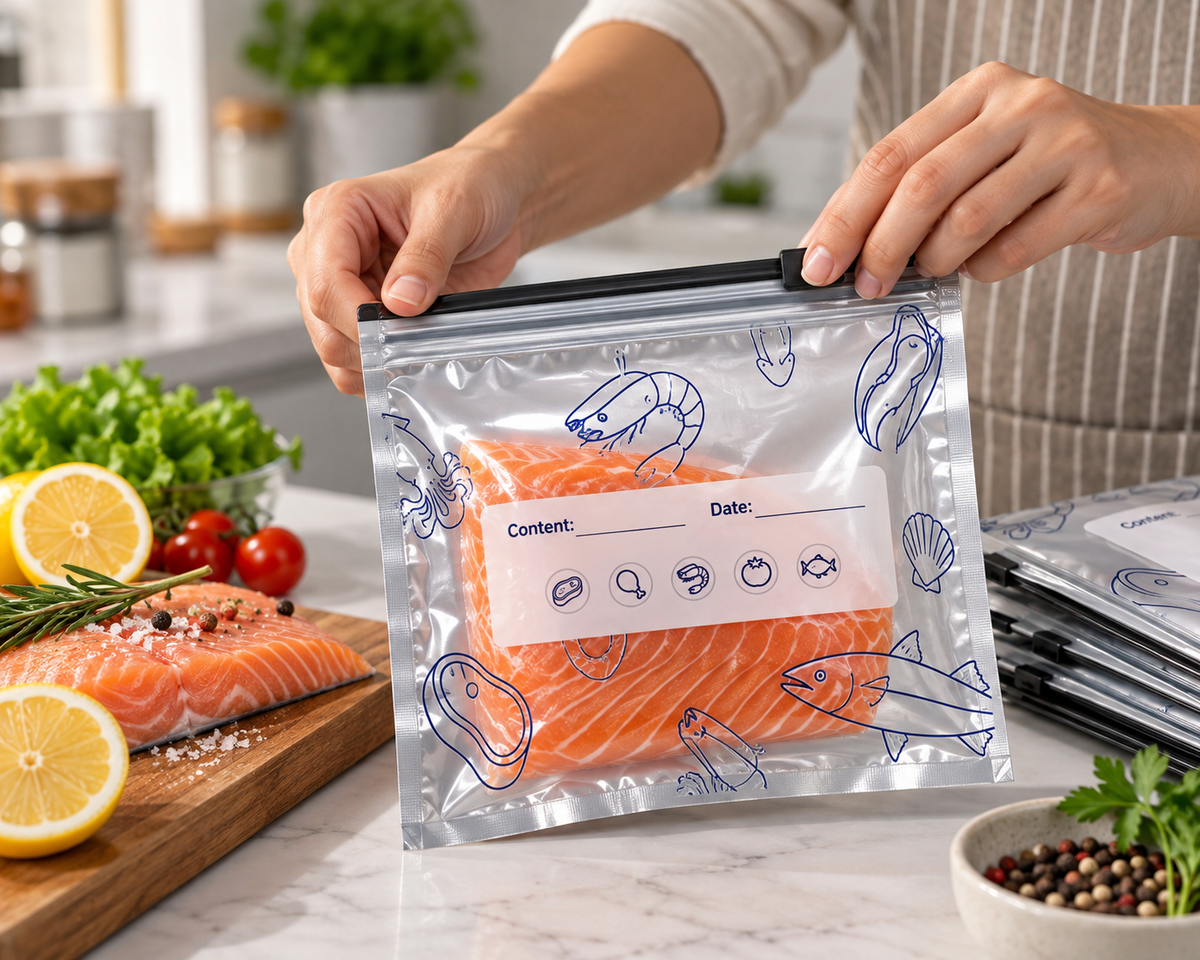 Reusable foil zip lock food storage bag being securely sealed