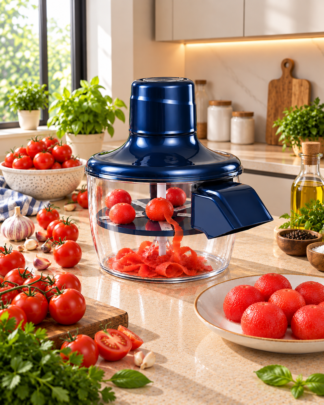 Small tomatoes rotating on blades inside an electric peeler