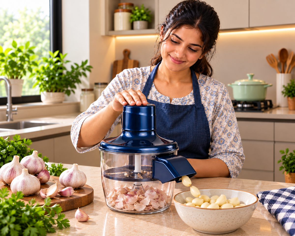 Navy electric peeler processing small garlic cloves in a kitchen