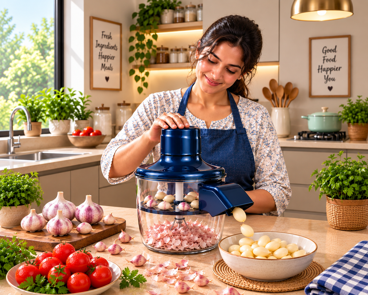 Electric peeler beside a plate of freshly peeled small tomatoes and garlic