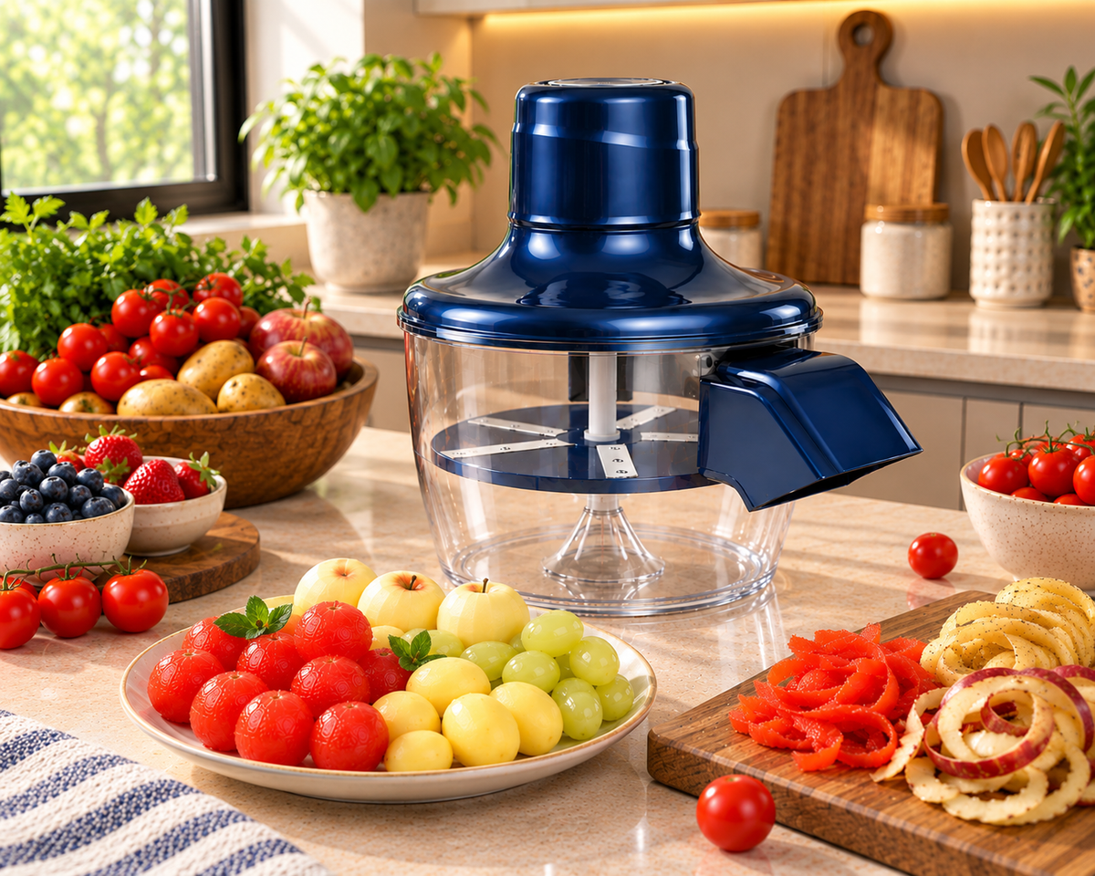 Electric peeler surrounded by small tomatoes, grapes, berries, potatoes and apples