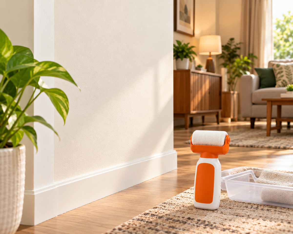 Wall repair roller paint beside a clean-looking refreshed wall