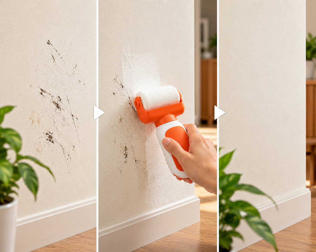 Hand using wall repair roller paint over a marked wall
