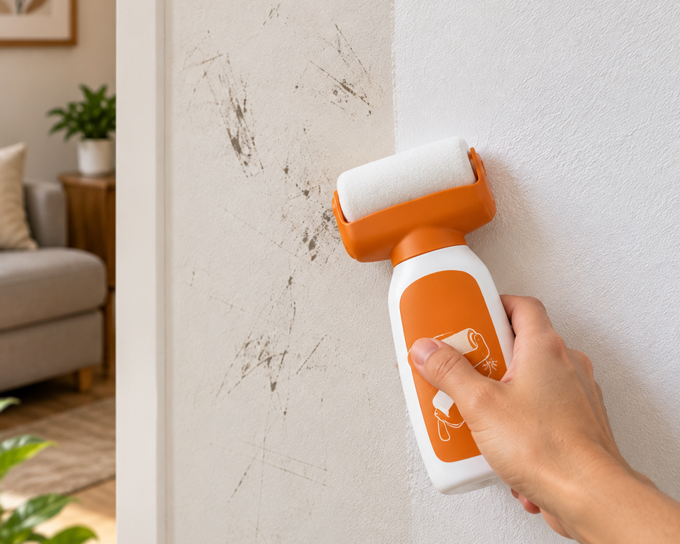 Wall repair roller paint ready for use beside a marked wall